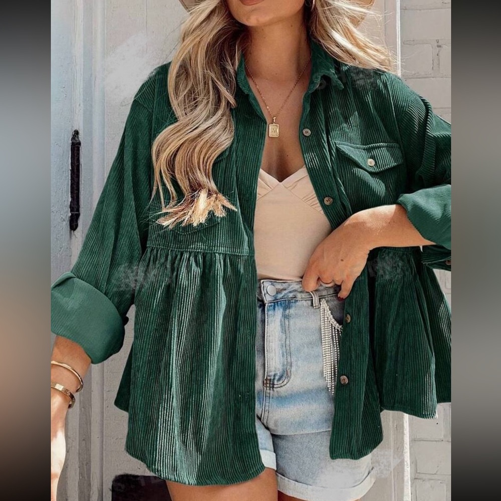 Boho Oversized Corduroy Button Down Up Shirt Top Green